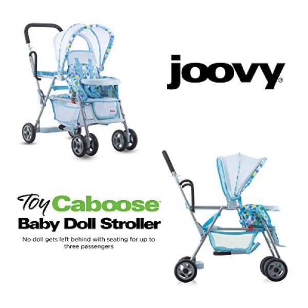 Joovy Toy Caboose Baby Doll 유모차는 리클라이닝 앞좌석, 조절식 발판, 보관 바구니, 확장형 캐노피 및 스낵 트레이를 갖추고 있으며 인형 3개(파란색 점) 수납 가능