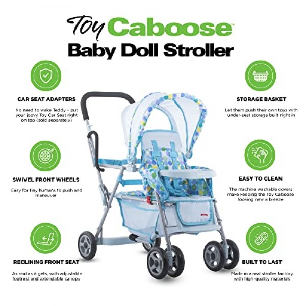 Joovy Toy Caboose Baby Doll 유모차는 리클라이닝 앞좌석, 조절식 발판, 보관 바구니, 확장형 캐노피 및 스낵 트레이를 갖추고 있으며 인형 3개(파란색 점) 수납 가능