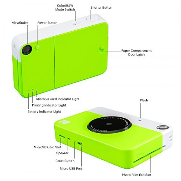 Kodak Printomatic 즉석 카메라(녹색) 선물 번들 + 징크 페이퍼(20매) + 디럭스 케이스 + 재미있는 스티커 세트 7개 + 트윈 팁 마커 + 사진 앨범.