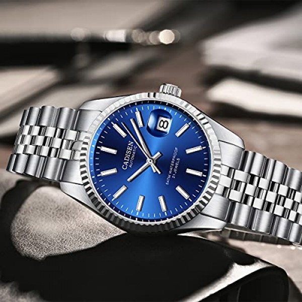 CADISEN Miyota 8215 남성용 자동 시계(파워 리저브 기계식 스테인레스 스틸 사파이어 글라스 포함)