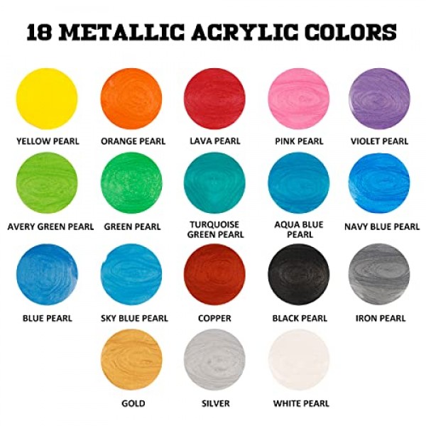 ABEIER 메탈릭 아크릴 푸어링 페인트 세트 - 18가지 메탈릭 색상 세트 - 사전 혼합된 고유량 및 즉시 부을 수 있음 - 2온스/59ml 병 - 캔버스 및 종이, 암석, 목재 등을 위한 