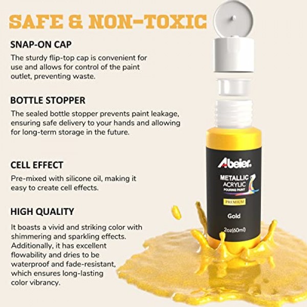 ABEIER 메탈릭 아크릴 푸어링 페인트 세트 - 18가지 메탈릭 색상 세트 - 사전 혼합된 고유량 및 즉시 부을 수 있음 - 2온스/59ml 병 - 캔버스 및 종이, 암석, 목재 등을 위한 