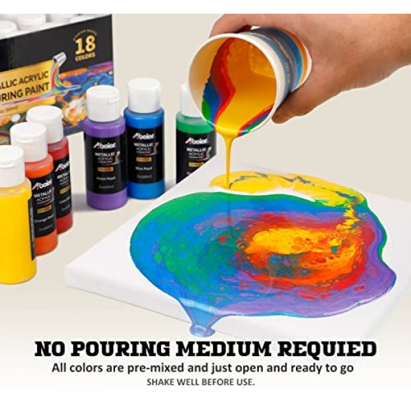 ABEIER 메탈릭 아크릴 푸어링 페인트 세트 - 18가지 메탈릭 색상 세트 - 사전 혼합된 고유량 및 즉시 부을 수 있음 - 2온스/59ml 병 - 캔버스 및 종이, 암석, 목재 등을 위한 