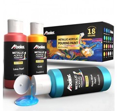 ABEIER 메탈릭 아크릴 푸어링 페인트 세트 - 18가지 메탈릭 색상 세트 - 사전 혼합된 고유량 및 즉시 부을 수 있음 - 2온스/59ml 병 - 캔버스 및 종이, 암석, 목재 등을 위한 