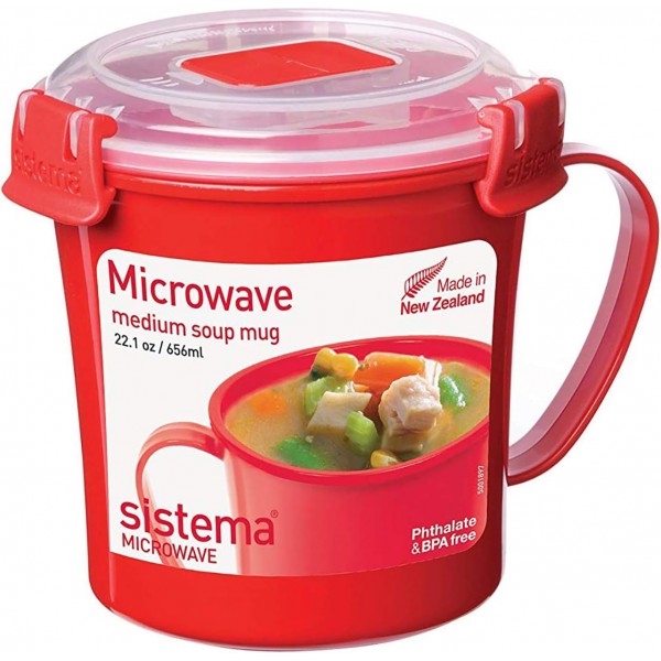 Sistema 전자레인지 대형 찜통 + 찜통 바구니, 3.2L - 레드/클리어 & 전자레인지 수프 머그, 656ml - 레드/클리어 3.2L 스티머 + 수프 머그 656ml