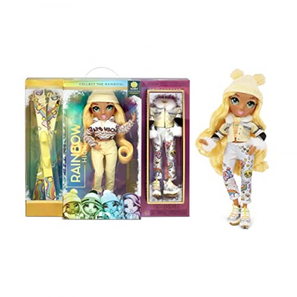 Rainbow High Winter Break Sunny Madison – 디자이너 복장 2개, 스키 및 액세서리 쌍이 포함된 노란색 패션 인형 및 Playset