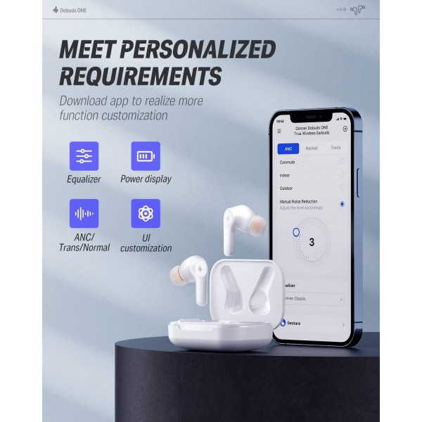 Donner Bluetooth 잡음 제거 헤드폰, 12mm 오디오 드라이버가 있는 무선 인이어 헤드폰, 강렬한 저음, 마이크 4개가 있는 잡음 제거 헤드폰, 32시간 배터리, Bluetooth 5.2, 화이트