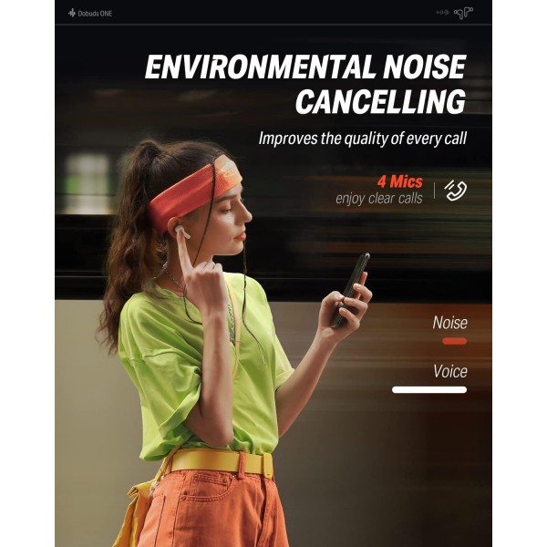 Donner Bluetooth 잡음 제거 헤드폰, 12mm 오디오 드라이버가 있는 무선 인이어 헤드폰, 강렬한 저음, 마이크 4개가 있는 잡음 제거 헤드폰, 32시간 배터리, Bluetooth 5.2, 화이트