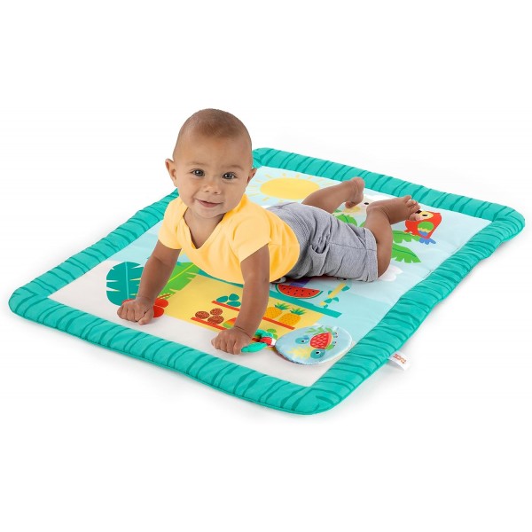 Bright Starts Tiki 장난감 바 아기 활동 체육관 및 장난감 바 및 3개의 장난감이 있는 배 시간 매트, 신생아부터 3세까지