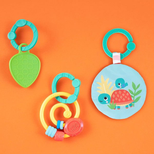 Bright Starts Tiki 장난감 바 아기 활동 체육관 및 장난감 바 및 3개의 장난감이 있는 배 시간 매트, 신생아부터 3세까지