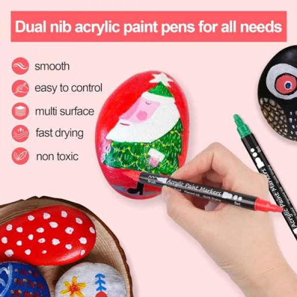 Huvoago 24색 아크릴 페인트 펜, 바위 그림, 세라믹, 목재, 플라스틱, 유리, 미술 용품용 도트 팁 및 브러시 팁이 있는 듀얼 팁 페인트 마커 어린이, 성인용 영구 마커 펜