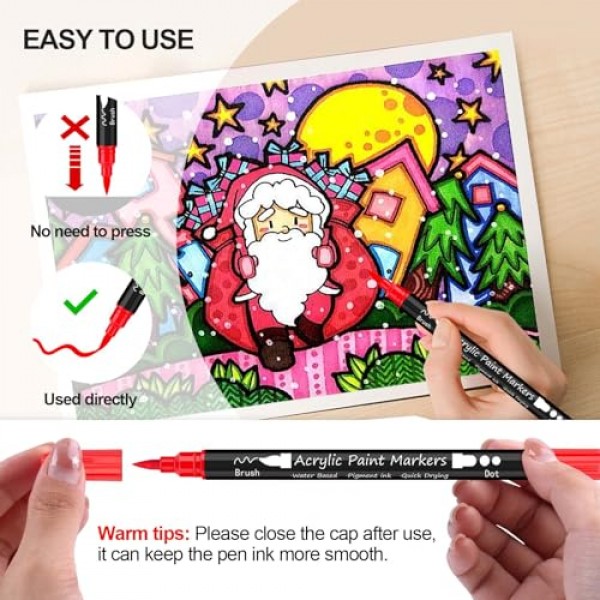 Huvoago 24색 아크릴 페인트 펜, 바위 그림, 세라믹, 목재, 플라스틱, 유리, 미술 용품용 도트 팁 및 브러시 팁이 있는 듀얼 팁 페인트 마커 어린이, 성인용 영구 마커 펜