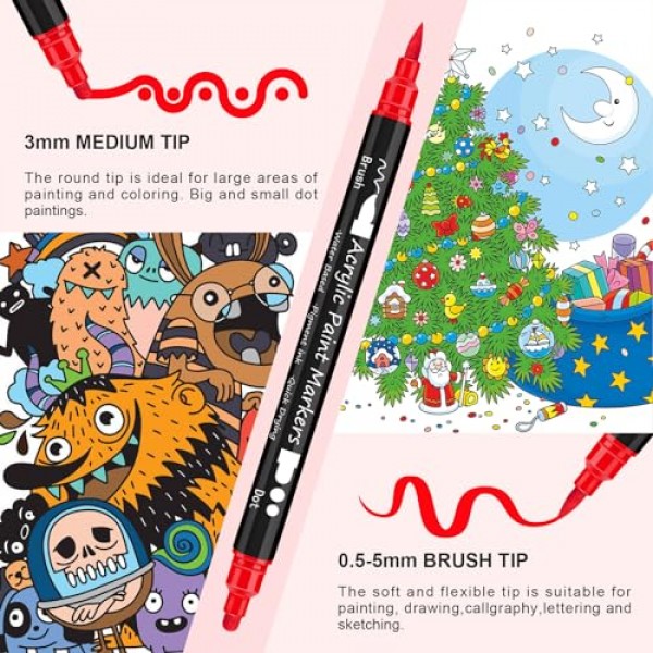 Huvoago 24색 아크릴 페인트 펜, 바위 그림, 세라믹, 목재, 플라스틱, 유리, 미술 용품용 도트 팁 및 브러시 팁이 있는 듀얼 팁 페인트 마커 어린이, 성인용 영구 마커 펜