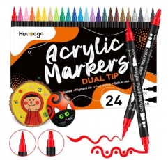 Huvoago 24색 아크릴 페인트 펜, 바위 그림, 세라믹, 목재, 플라스틱, 유리, 미술 용품용 도트 팁 및 브러시 팁이 있는 듀얼 팁 페인트 마커 어린이, 성인용 영구 마커 펜