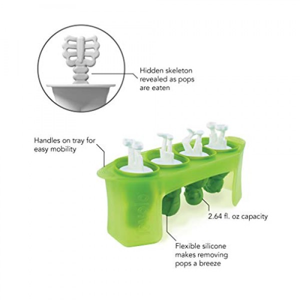 Tovolo Zombie Popsicle Moulds(4개 세트) - 냉동고 스낵용 재사용 스틱이 포함된 깔끔한 실리콘 아이스 팝/식기세척기 안전 및 BPA 프리, 녹색/흰색 좀비 몰드