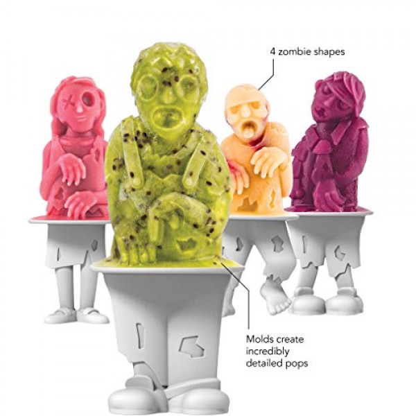 Tovolo Zombie Popsicle Moulds(4개 세트) - 냉동고 스낵용 재사용 스틱이 포함된 깔끔한 실리콘 아이스 팝/식기세척기 안전 및 BPA 프리, 녹색/흰색 좀비 몰드