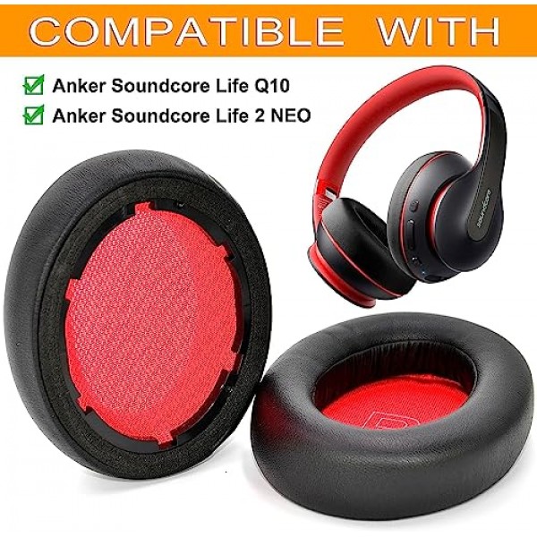 Life Q10 이어 패드 교체용 이어 쿠션 폼 소프트 이어패드 Anker Soundcore와 호환 Life Q10 / Q10 BT 헤드폰 이어 쿠션(블랙/레드)