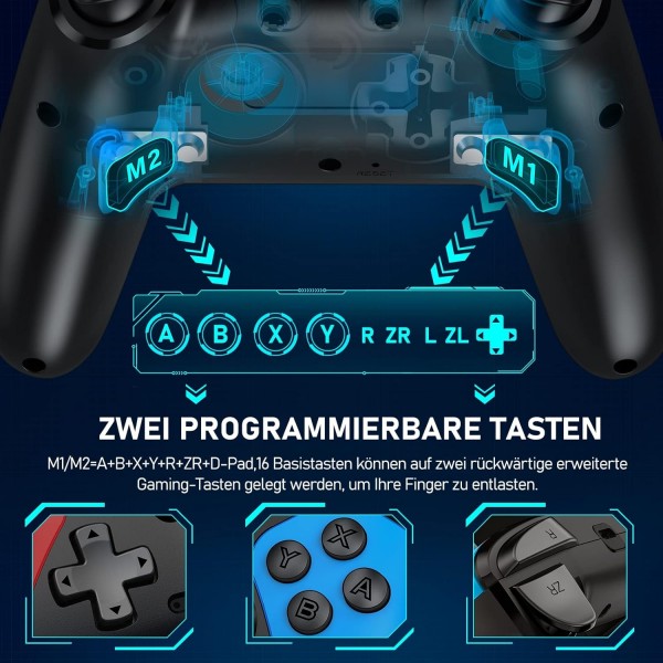 HELLCOOL 스위치 컨트롤러, 정밀 제어/터보/매크로/웨이크업 기능이 있는 프로 컨트롤러 스위치/듀얼 모터 진동, 스위치/라이트/OLED 콘솔 레드-블루용 무선 프로 스위치 