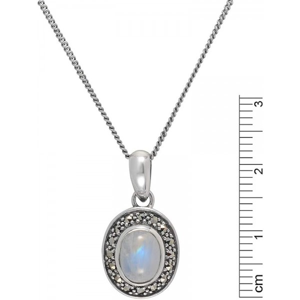 Esse Marcasite 스털링 실버 타원형 레인보우 문스톤 & Marcasite 목걸이 46cm / 18'' 체인