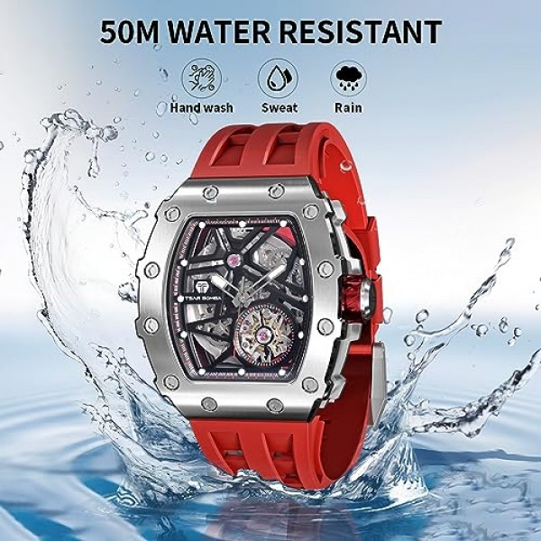 TSAR BOMBA Tonneau 남성용 고급 스테인레스 스틸 시계 대형 다이얼 야광 아날로그 시계 사파이어 클래식 남성용 비즈니스 시계 50m 방수 자동 남성용 시계