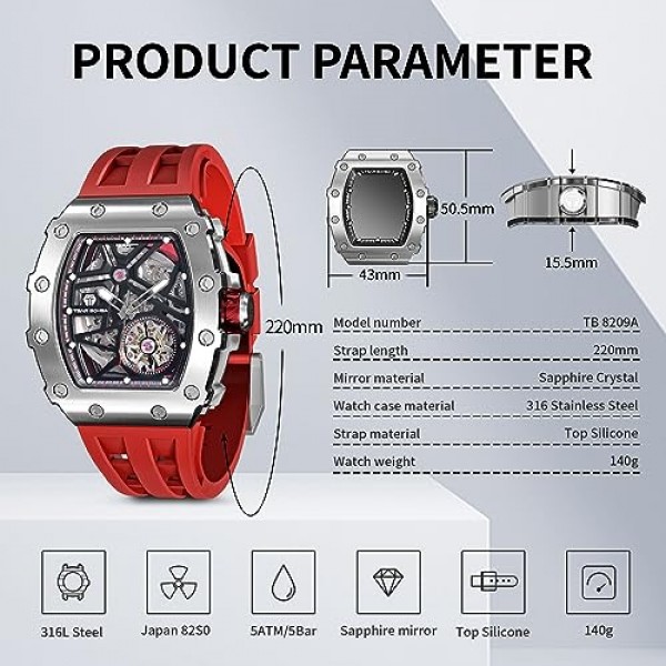 TSAR BOMBA Tonneau 남성용 고급 스테인레스 스틸 시계 대형 다이얼 야광 아날로그 시계 사파이어 클래식 남성용 비즈니스 시계 50m 방수 자동 남성용 시계