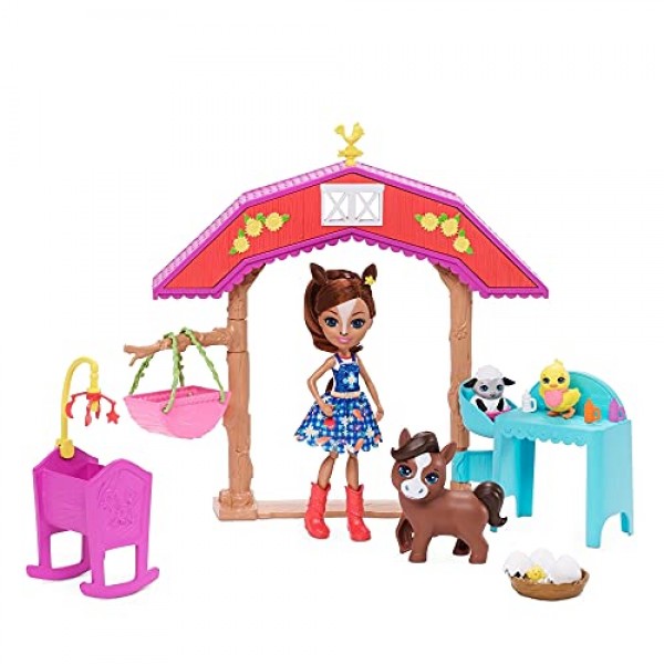 Enchantimals Barnyard Nursery Playset with Haydie 말 인형(6인치), 트로터 말, 추가 동물 피규어 3개, 액세서리 10개 이상, 3~8세 어린이를 위한 훌륭한 선물, 멀티