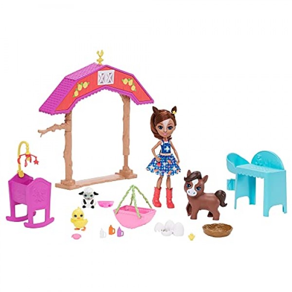 Enchantimals Barnyard Nursery Playset with Haydie 말 인형(6인치), 트로터 말, 추가 동물 피규어 3개, 액세서리 10개 이상, 3~8세 어린이를 위한 훌륭한 선물, 멀티