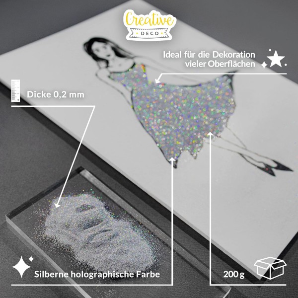 벽 페인트용 크리에이티브 데코 200g 실버 홀로그램 글리터 파우더 | 0.2mm 반짝이 가루 반짝이 지팡이 | 색상 첨가제 네일 래커 및 에폭시 수지 첨가제 | 아트 크래프트 