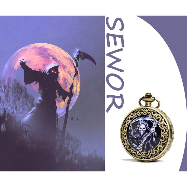 SEWOR Bronze Enamel Craft Pattern Japan Quartz Movement Pocket Watch with Double Chain (Metal & Leather) (Death)