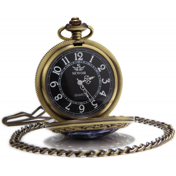 SEWOR Bronze Enamel Craft Pattern Japan Quartz Movement Pocket Watch with Double Chain (Metal & Leather) (Death)