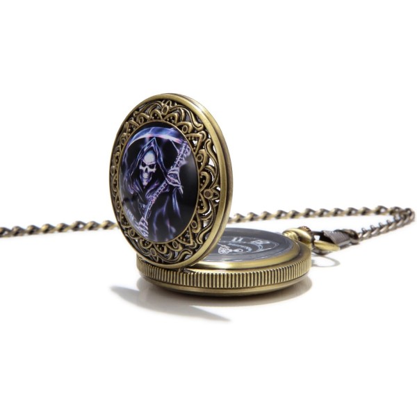 SEWOR Bronze Enamel Craft Pattern Japan Quartz Movement Pocket Watch with Double Chain (Metal & Leather) (Death)