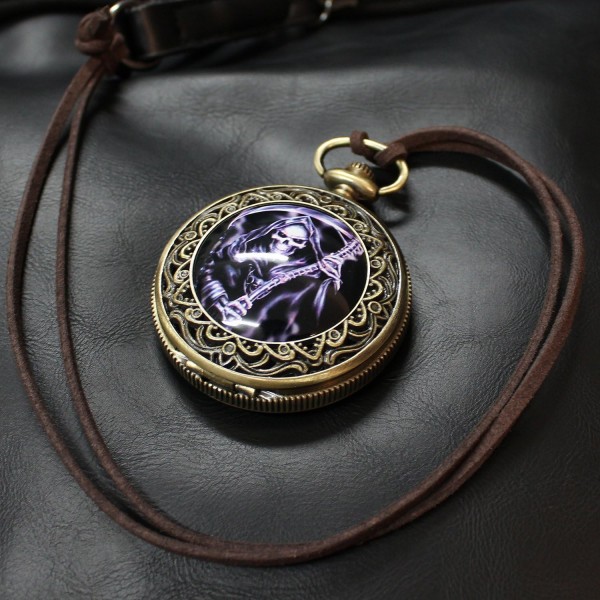 SEWOR Bronze Enamel Craft Pattern Japan Quartz Movement Pocket Watch with Double Chain (Metal & Leather) (Death)