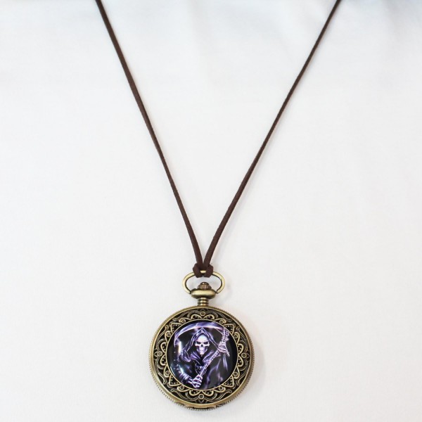 SEWOR Bronze Enamel Craft Pattern Japan Quartz Movement Pocket Watch with Double Chain (Metal & Leather) (Death)