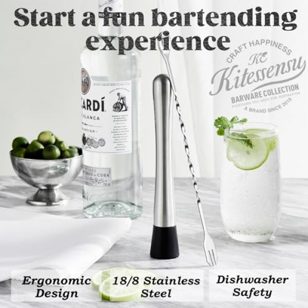 KITESSENSU 머들러 및 바 스푼, 칵테일용 8인치 스테인레스 스틸 머들러, 모히토, 카이피리냐, 과일, 허브, 향신료 기반 음료를 위한 탁월한 선택