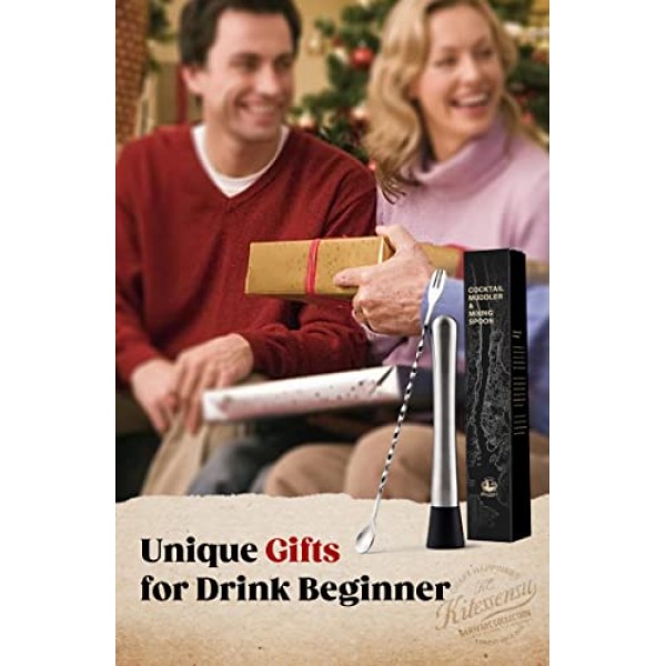 KITESSENSU 머들러 및 바 스푼, 칵테일용 8인치 스테인레스 스틸 머들러, 모히토, 카이피리냐, 과일, 허브, 향신료 기반 음료를 위한 탁월한 선택