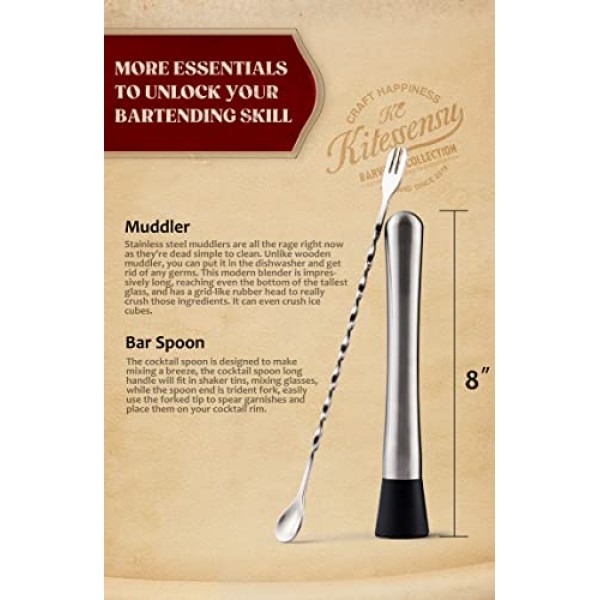 KITESSENSU 머들러 및 바 스푼, 칵테일용 8인치 스테인레스 스틸 머들러, 모히토, 카이피리냐, 과일, 허브, 향신료 기반 음료를 위한 탁월한 선택