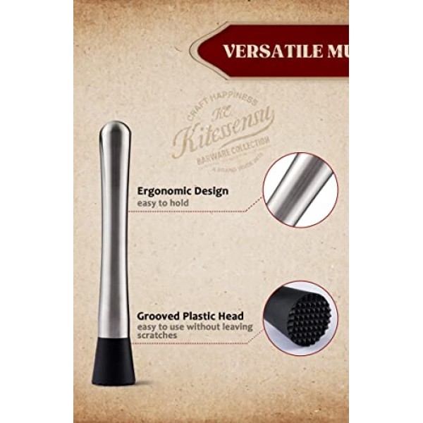 KITESSENSU 머들러 및 바 스푼, 칵테일용 8인치 스테인레스 스틸 머들러, 모히토, 카이피리냐, 과일, 허브, 향신료 기반 음료를 위한 탁월한 선택