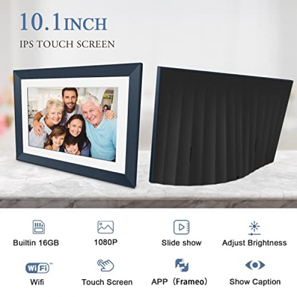 YOUYU 디지털 액자 10인치 WiFi, 터치 전자 액자, 16GB 메모리를 갖춘 디지털 액자, Frameo 앱을 통해 어디서나 사진 슬라이드쇼 및 비디오 공유 - 블루