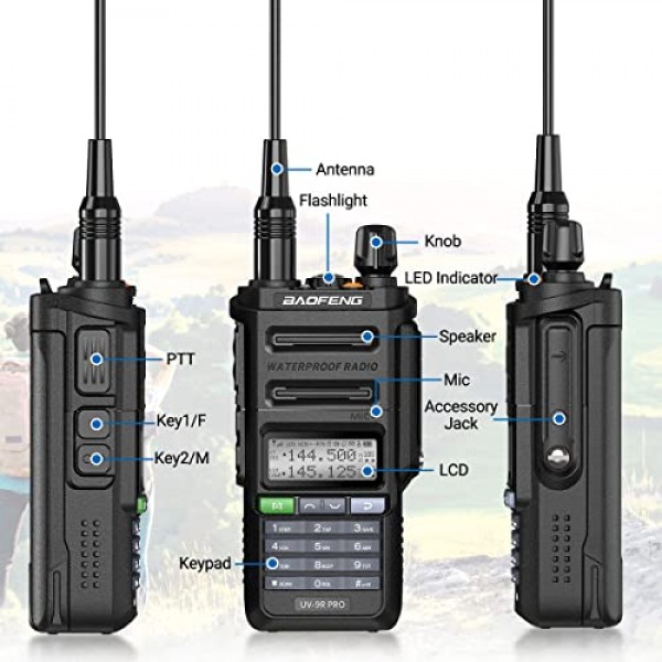 2팩 BAOFENG UV-9R PRO 삼중 전원 듀얼 밴드 IP67 방수 양방향 라디오 장거리 충전식 워키토키(추가 ABBREE 42.5인치 전술 안테나 포함)