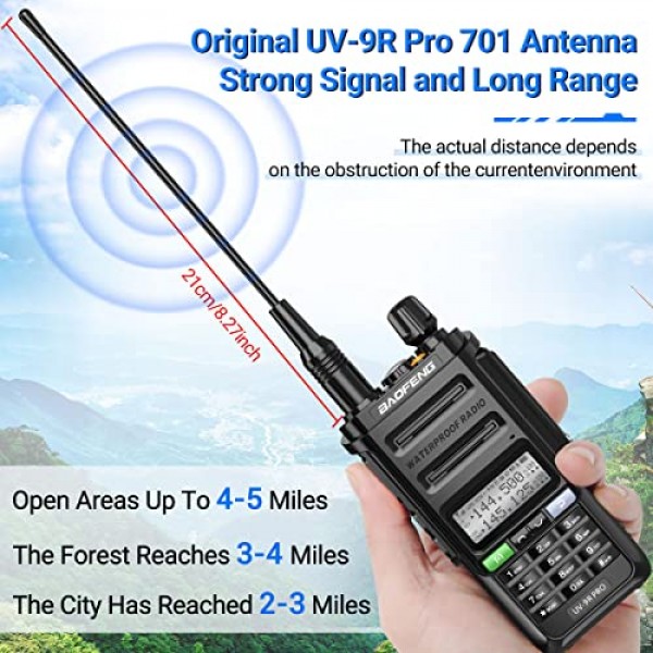 2팩 BAOFENG UV-9R PRO 삼중 전원 듀얼 밴드 IP67 방수 양방향 라디오 장거리 충전식 워키토키(추가 ABBREE 42.5인치 전술 안테나 포함)