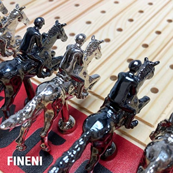 고급스럽고 내구성이 뛰어난 금속 말이 포함된 FINENI 오리지널 경마 보드 게임, 22인치 풀 사이즈 보드, 11개, 2가지 색상(검은색 5개, 은색 6개), 실제 소나무 경마 게임 