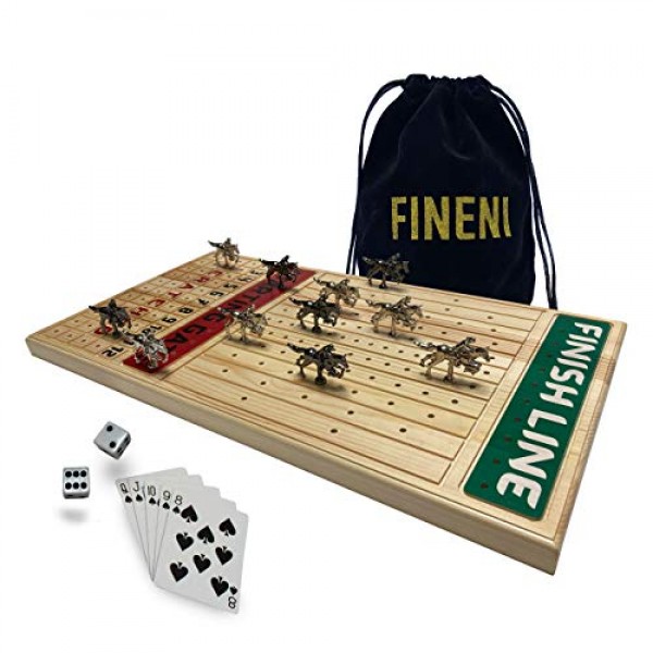 고급스럽고 내구성이 뛰어난 금속 말이 포함된 FINENI 오리지널 경마 보드 게임, 22인치 풀 사이즈 보드, 11개, 2가지 색상(검은색 5개, 은색 6개), 실제 소나무 경마 게임 
