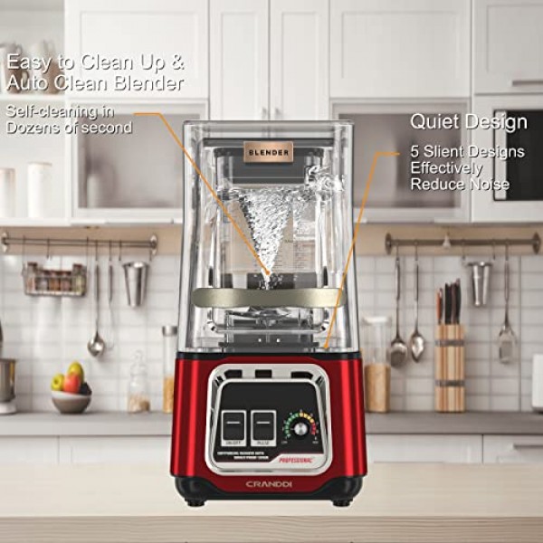 CRANDDI 조용한 스무디 블렌더, 탈착식 쉴드가 있는 전문 조리대 블렌더, 2200W 강력한 모터, 셰이크 및 스무디용 52온스 BPA 프리 용기, 셀프 클리닝 K80(빨간색)