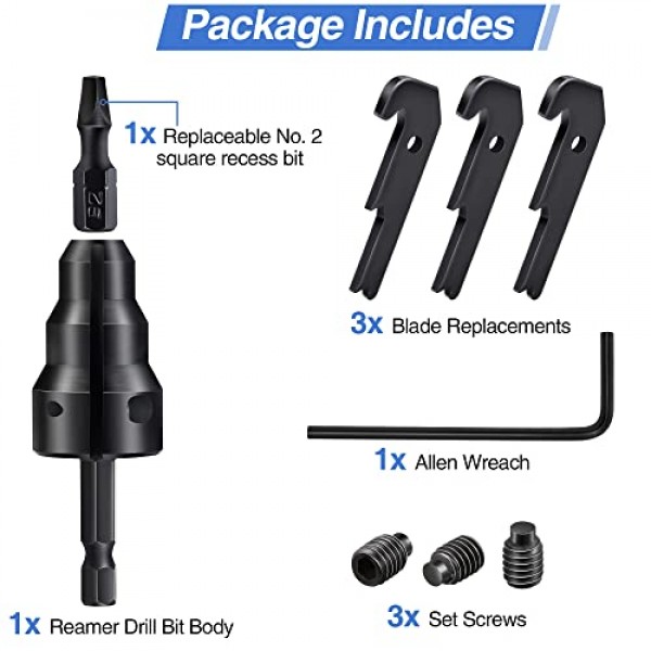 Feekoon 1/2'' 3/4'' 전력 도관 리머 도구 키트, 리머 교체 블레이드 3개, 고정 나사 3개, No. 2 정사각형 리세스 비트 1개 및 육각 키 렌치(1/16'') 1개 포함, 연 1/ 2'', 3/4'' 및 1인