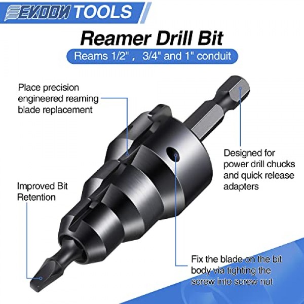 Feekoon 1/2'' 3/4'' 전력 도관 리머 도구 키트, 리머 교체 블레이드 3개, 고정 나사 3개, No. 2 정사각형 리세스 비트 1개 및 육각 키 렌치(1/16'') 1개 포함, 연 1/ 2'', 3/4'' 및 1인