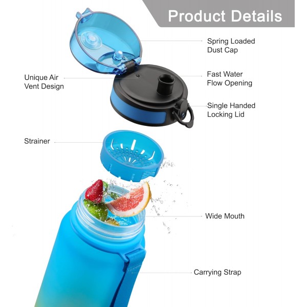 UZSPACE 물병 어린이 누수 방지, 스포츠 플라스틱 물병 1l, 800ml, 500ml, Tritan & BPA-free 스포츠 물병 탄산 적합 블루 & 옐로우 1500ml