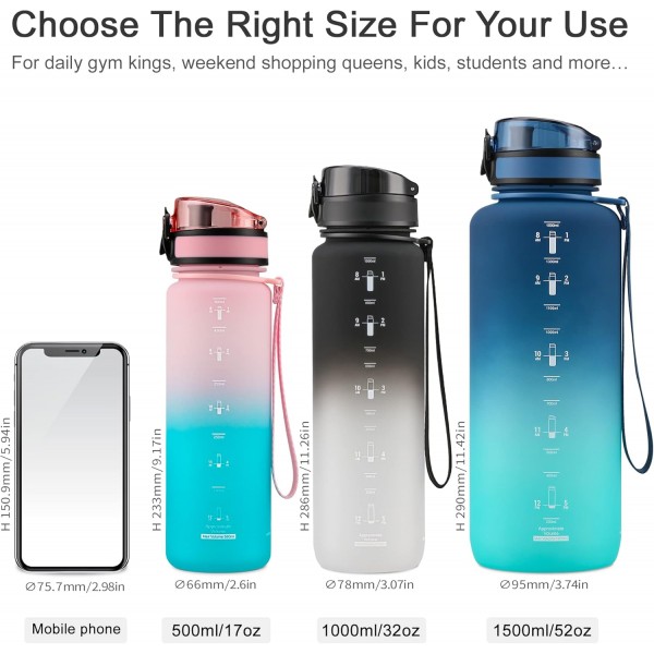 UZSPACE 물병 어린이 누수 방지, 스포츠 플라스틱 물병 1l, 800ml, 500ml, Tritan & BPA-free 스포츠 물병 탄산 적합 블루 & 옐로우 1500ml