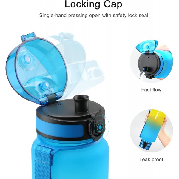 UZSPACE 물병 어린이 누수 방지, 스포츠 플라스틱 물병 1l, 800ml, 500ml, Tritan & BPA-free 스포츠 물병 탄산 적합 블루 & 옐로우 1500ml