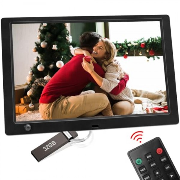 디지털 사진 프레임 10인치, 1920 x 1080P IPS 모션 센서가 포함된 전자 사진 프레임, 사진/음악/비디오 플레이어/달력/알람시계, 자동 켜짐/꺼짐, USB, SD 카드 지원, 벽걸이