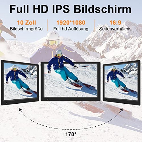 디지털 사진 프레임 10인치, 1920 x 1080P IPS 모션 센서가 포함된 전자 사진 프레임, 사진/음악/비디오 플레이어/달력/알람시계, 자동 켜짐/꺼짐, USB, SD 카드 지원, 벽걸이